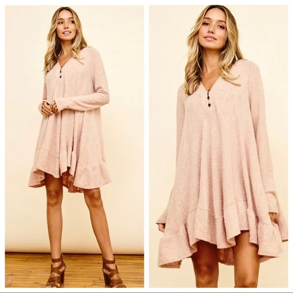 So Soft Cozy And Comfy Ruffle Hem Solid Tunic Dress - Picture 4 of 5